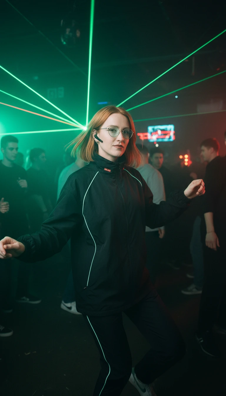 Margot dancing in an underground techno club, mint lasers through the haze.