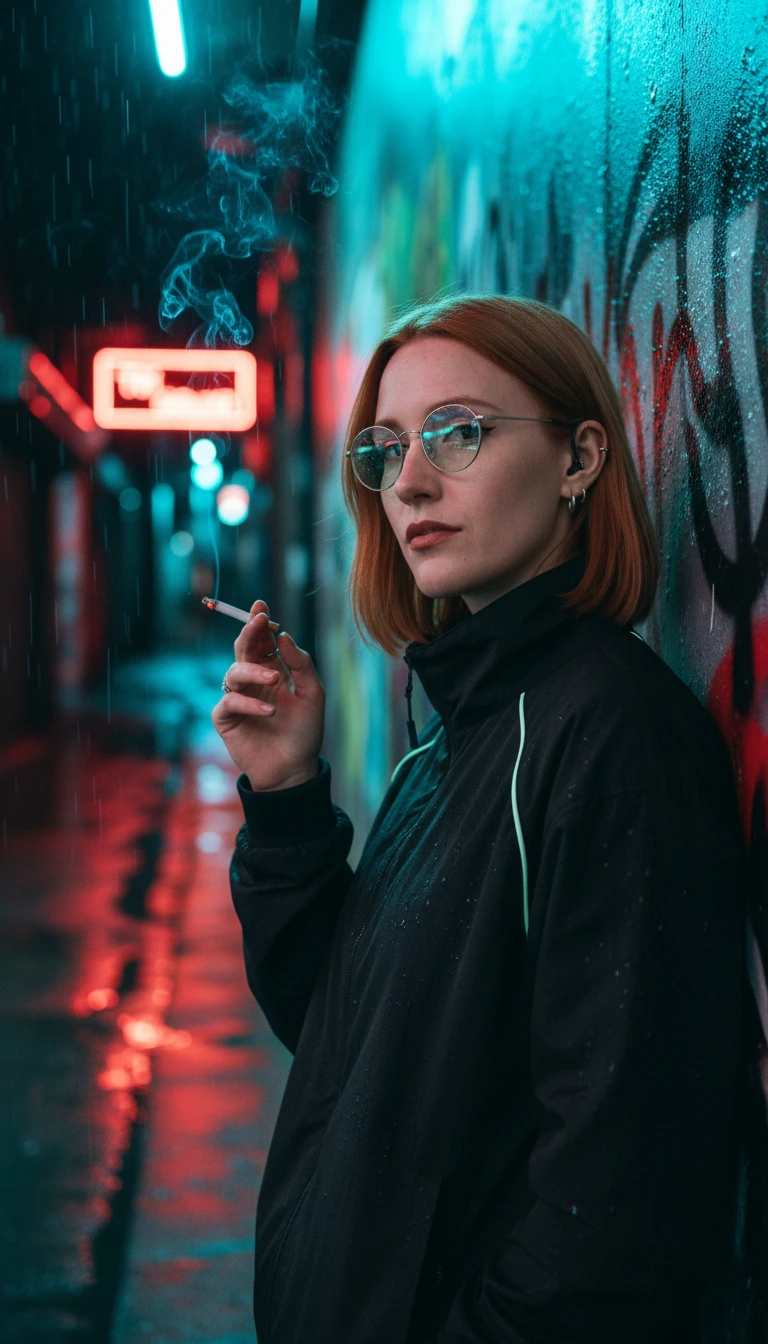 Margot leaning on a wall in a rainy neon alley, cigarette between her fingers, looking at the camera.