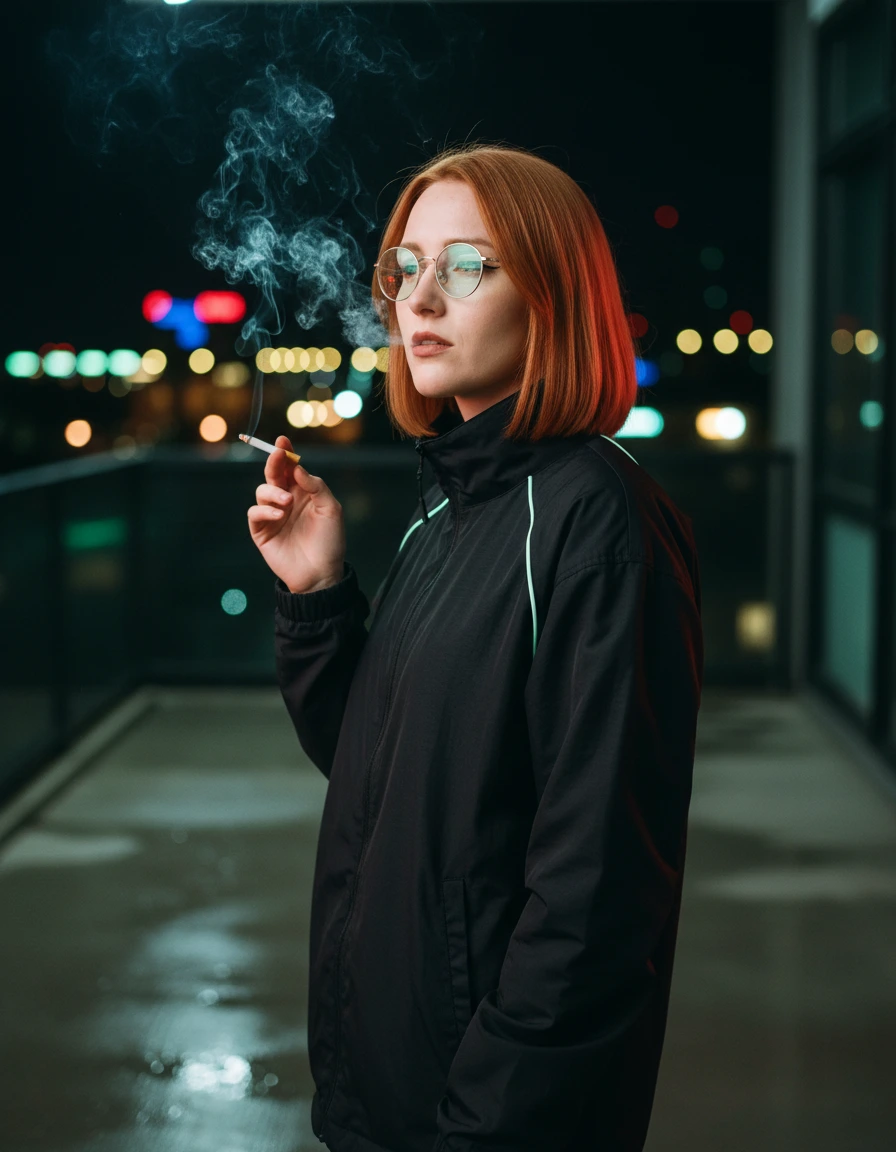 Margot on a wet neon balcony at night, exhaling cigarette smoke.